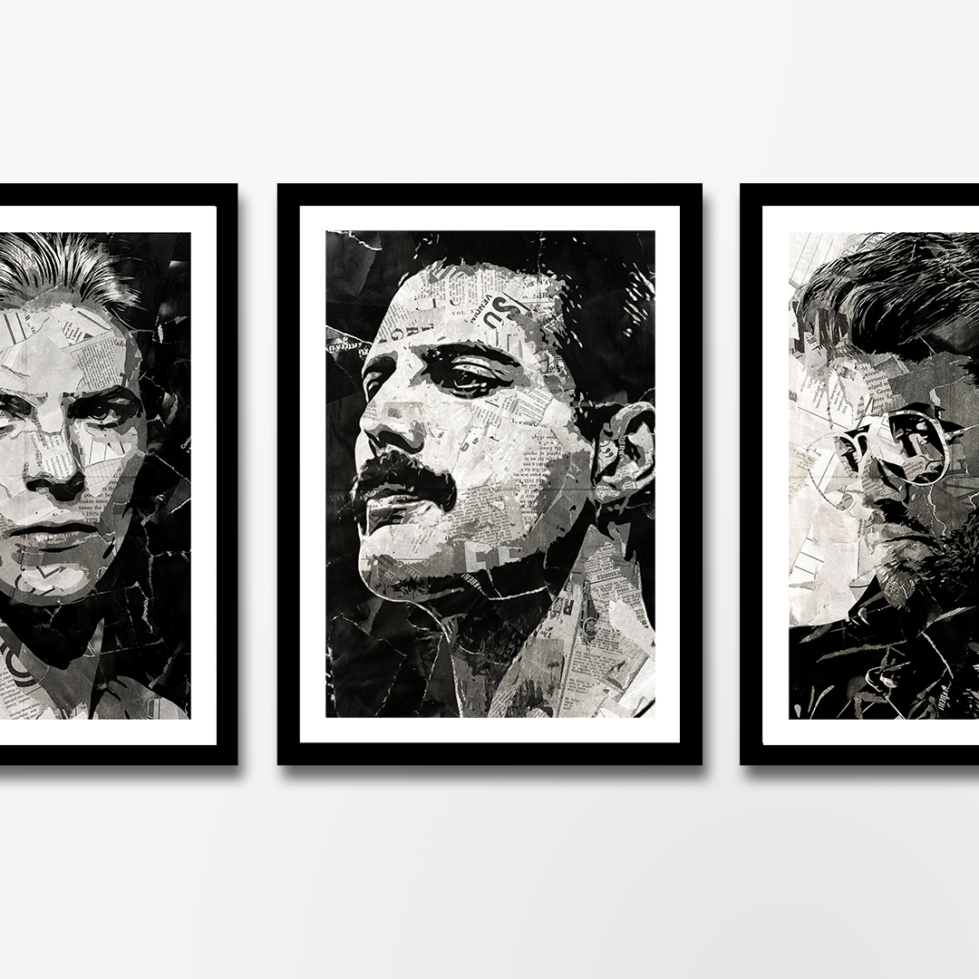 A Freddie Mercury poster design - a portrait of Freddie made using a collage of torn pieces of magazine pages in black and white.