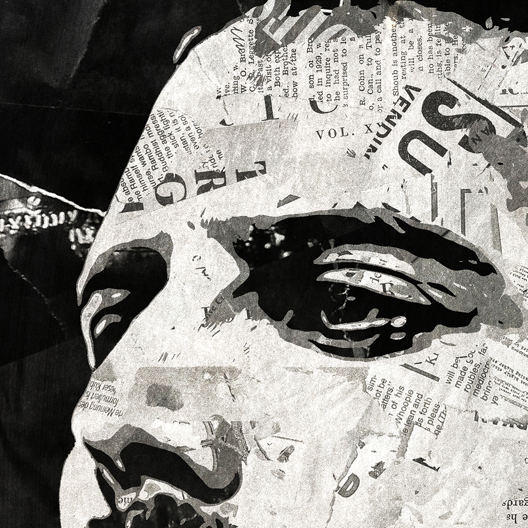 A Freddie Mercury poster design - a portrait of Freddie made using a collage of torn pieces of magazine pages in black and white.