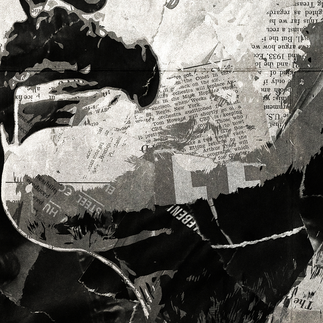 A Freddie Mercury poster design - a portrait of Freddie made using a collage of torn pieces of magazine pages in black and white.