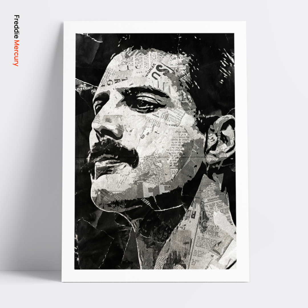 A Freddie Mercury poster design - a portrait of Freddie made using a collage of torn pieces of magazine pages in black and white.