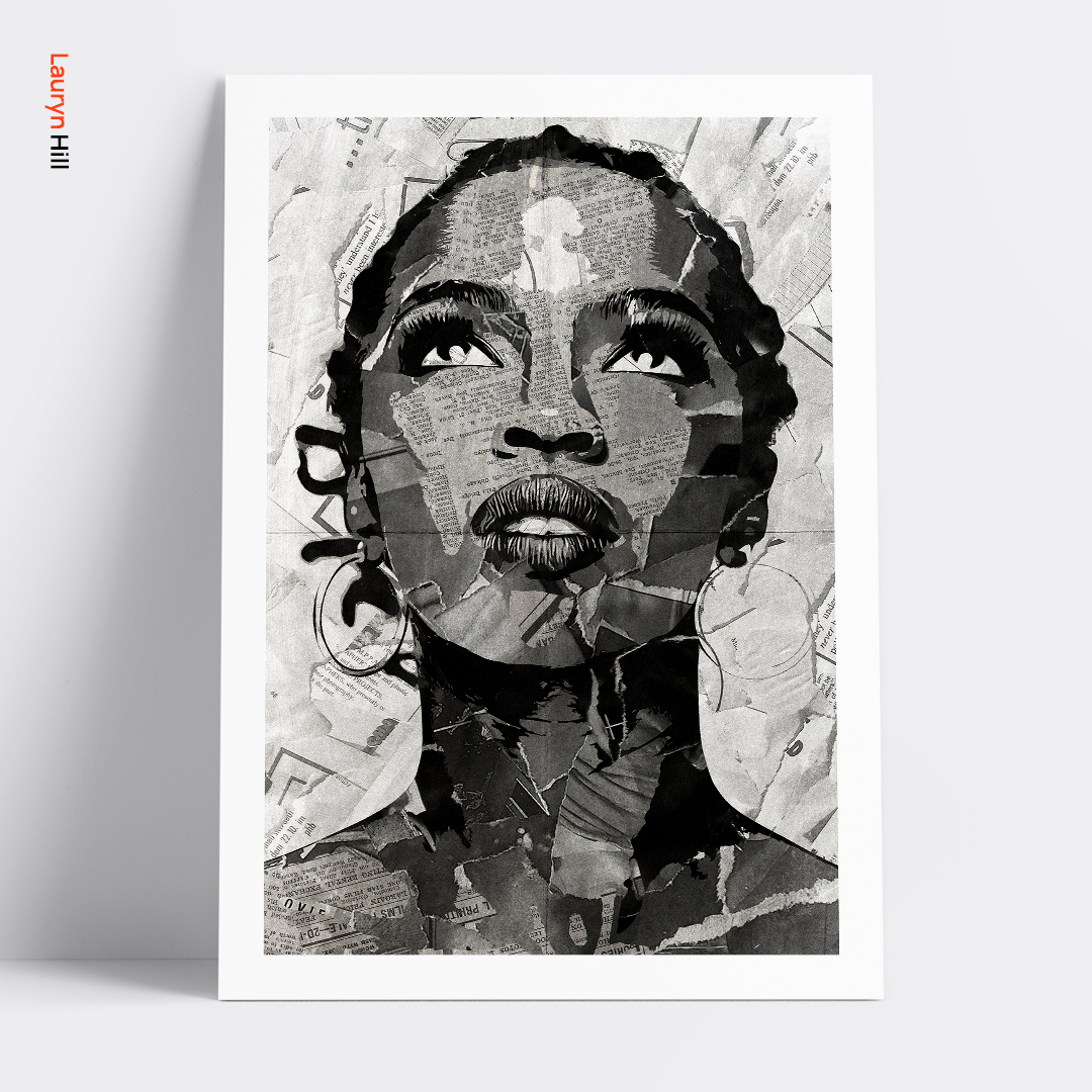 A Lauryn Hill poster design - a portrait of Lauryn Hill created using a collage of torn pieces of magazine pages in black and white.