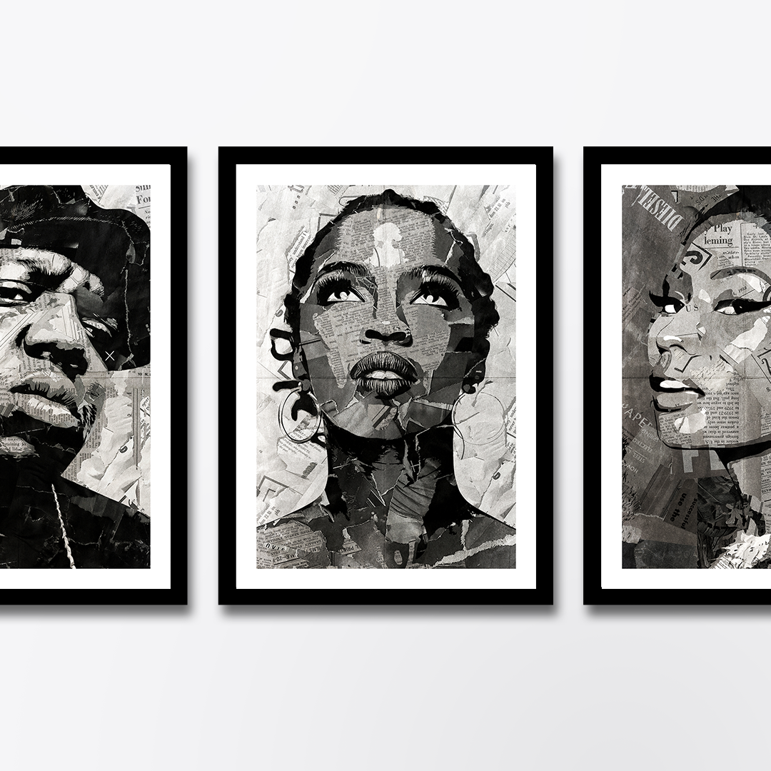 A Lauryn Hill poster design - a portrait of Lauryn Hill created using a collage of torn pieces of magazine pages in black and white. Hung on a wall in a simple black frame, flanked by posters in the same style of Notorious BIG and Nicki Minaj