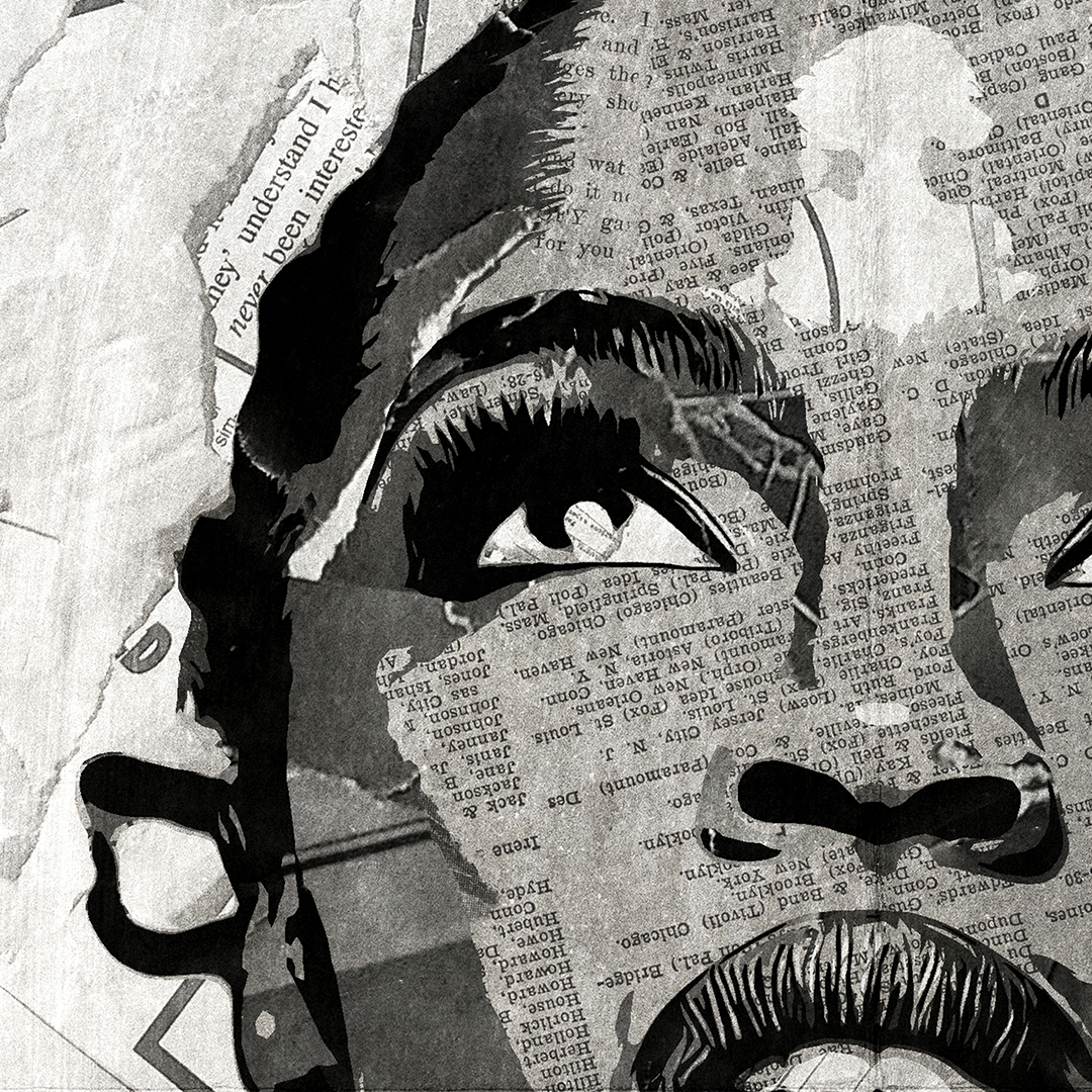 A close up of a Lauryn Hill poster design - a portrait of Lauryn Hill created using a collage of torn pieces of magazine pages in black and white.