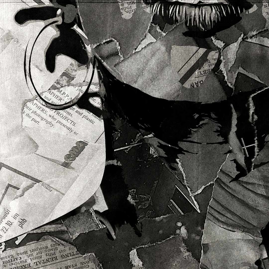 A close up of a Lauryn Hill poster design - a portrait of Lauryn Hill created using a collage of torn pieces of magazine pages in black and white.