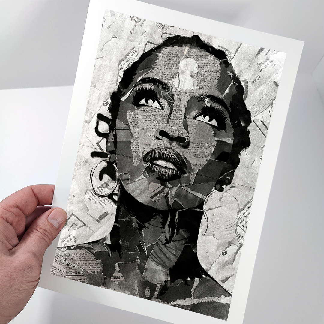 A Lauryn Hill poster design - a portrait of Lauryn Hill created using a collage of torn pieces of magazine pages in black and white.