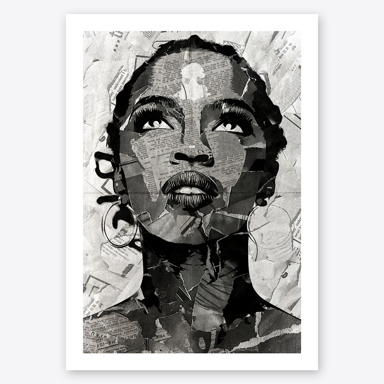 A Lauryn Hill poster design - a portrait of Lauryn Hill created using a collage of torn pieces of magazine pages in black and white.