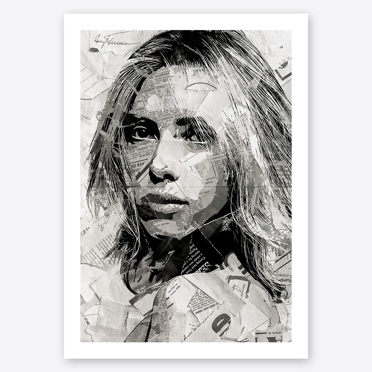 A digital collage portrait of Scarlett Johansson created using ripped up magazines and newspaper. An archival standard quality print from The Building House.