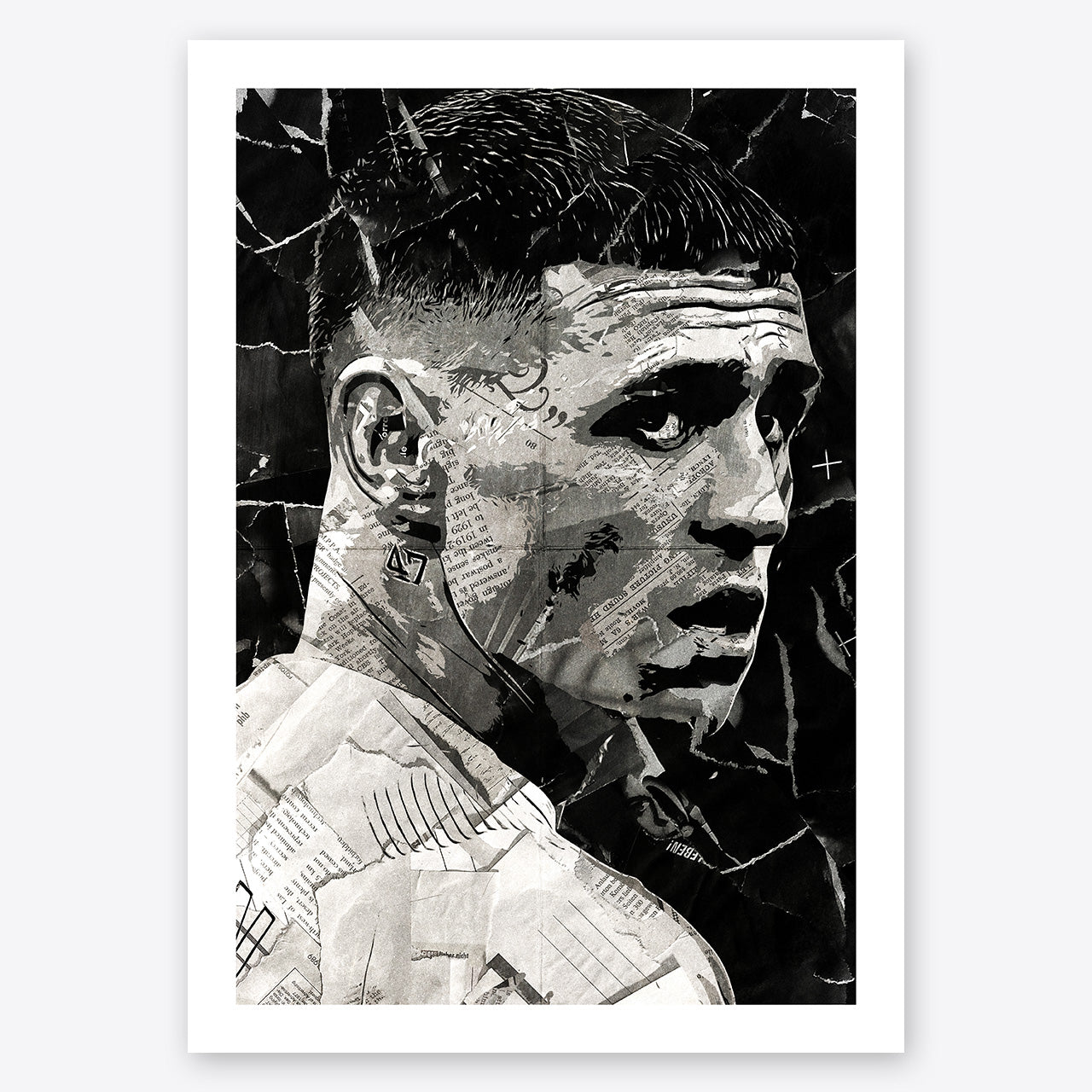 A digital collage portrait of Phil Foden created using ripped up magazines and newspaper. An archival standard quality print from The Building House.