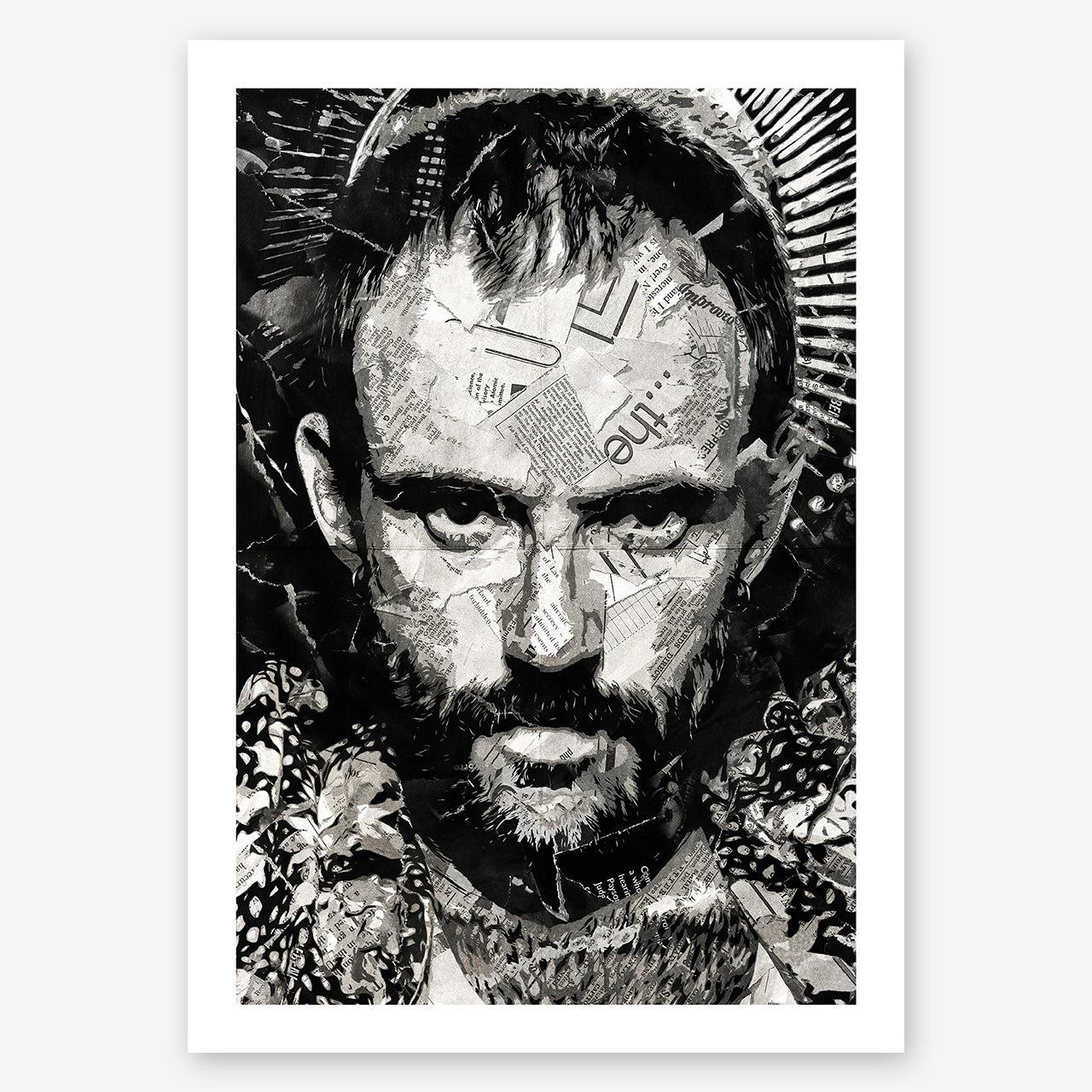 A digital collage portrait of Joe Talbot of Idles created using ripped up magazines and newspaper. An archival standard quality print from The Building House.