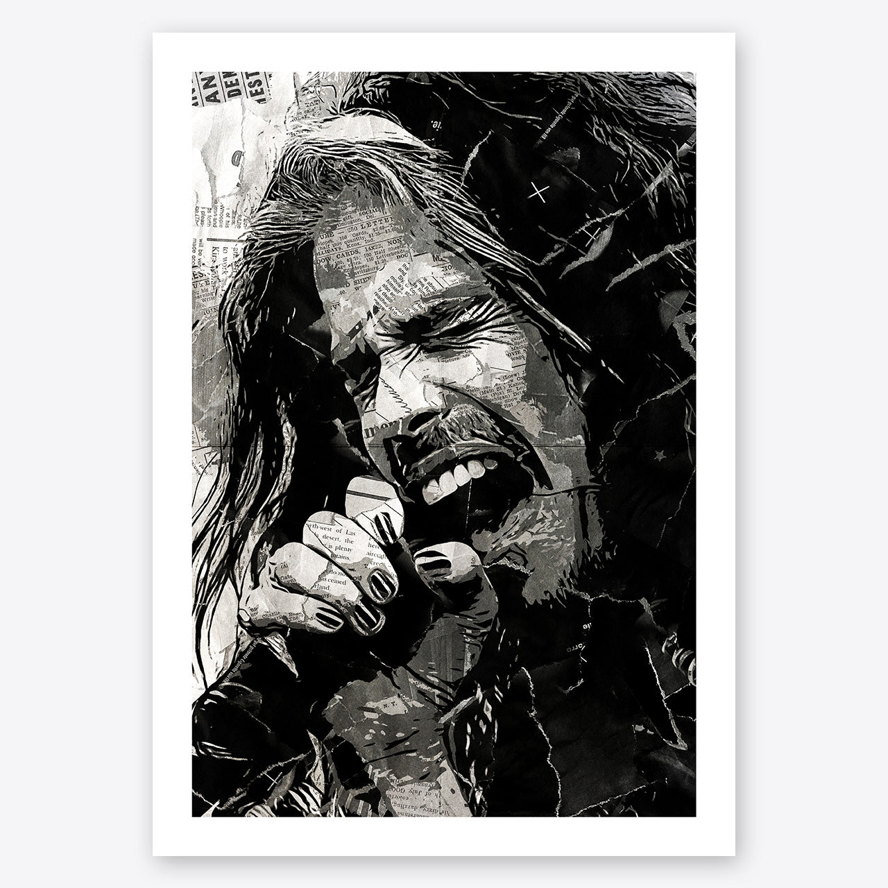 A digital collage portrait of Steven Tyler of Aerosmith created using ripped up magazines and newspaper. An archival standard quality print from The Building House.