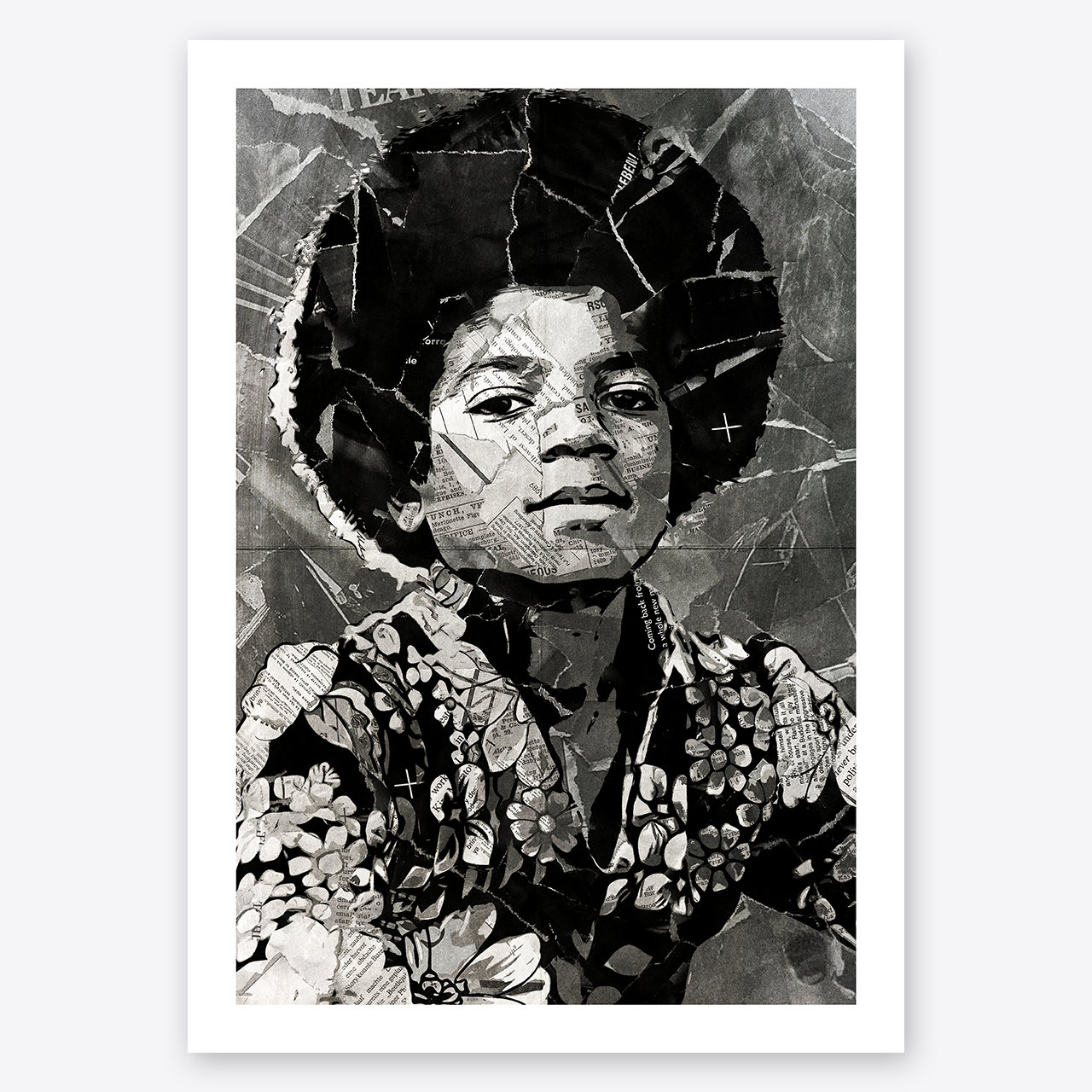 A Michael Jackson poster design - a portrait of Michael Jackson created using a collage of torn pieces of magazine pages in black and white.