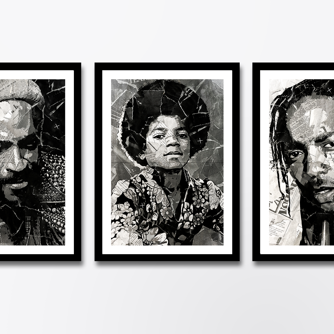 A Michael Jackson poster design - a portrait of Michael Jackson created using a collage of torn pieces of magazine pages in black and white.