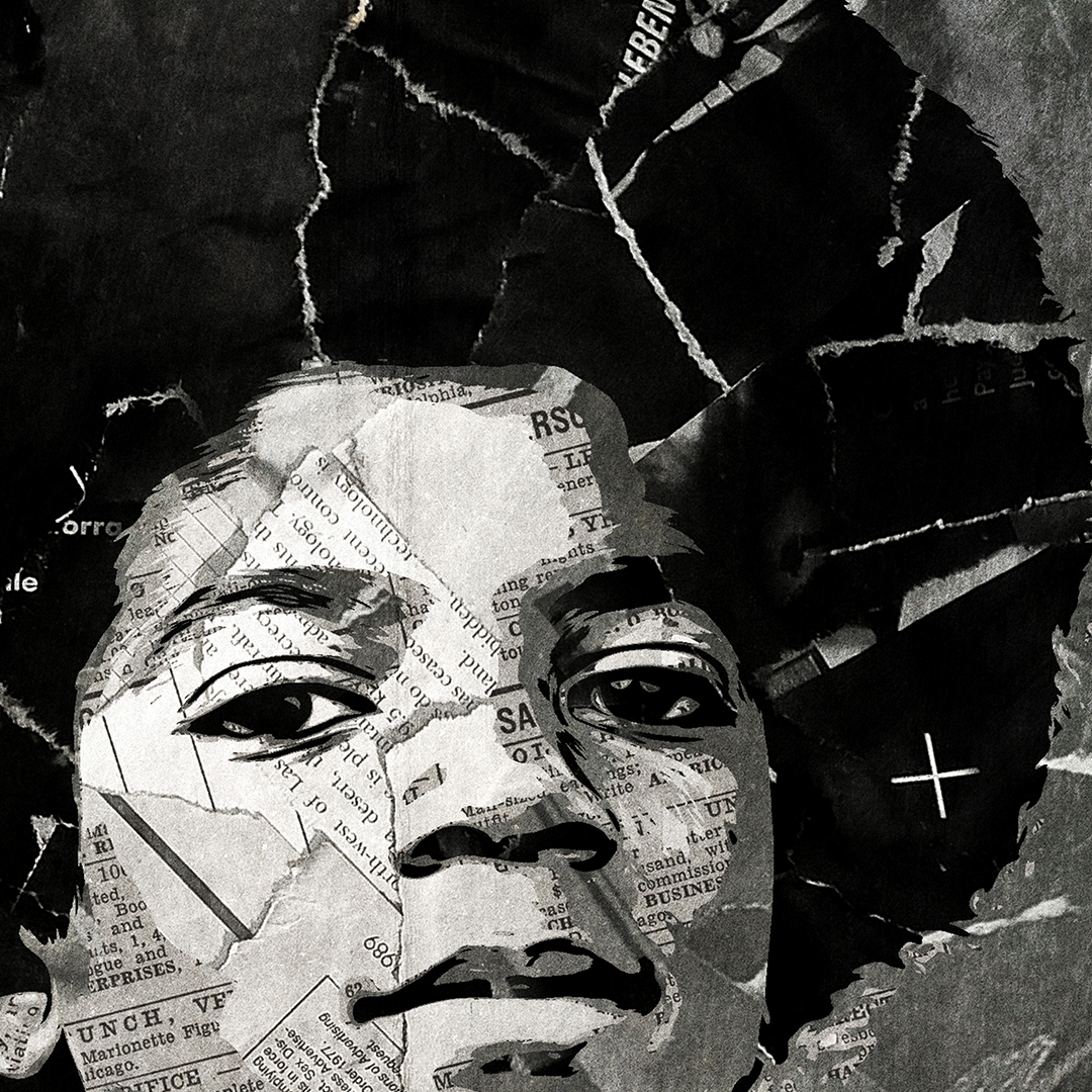 A Michael Jackson poster design - a portrait of Michael Jackson created using a collage of torn pieces of magazine pages in black and white.