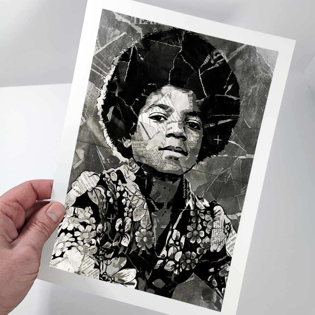 A Michael Jackson poster design - a portrait of Michael Jackson created using a collage of torn pieces of magazine pages in black and white.