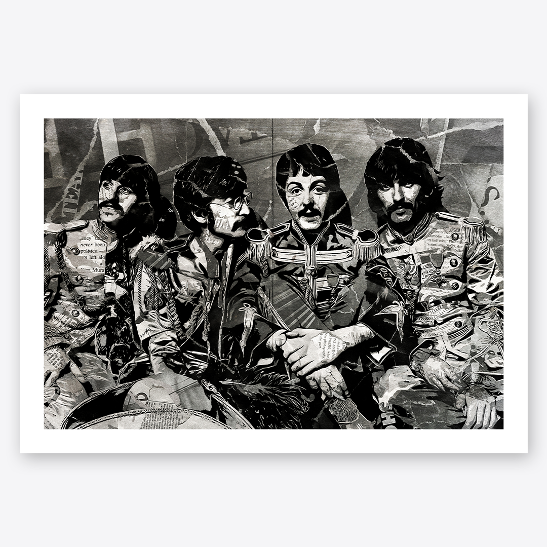 A Beatles poster design - a portrait of The Beatles in full Sgt Pepper's costume created using a collage of torn pieces of magazine pages in black and white.