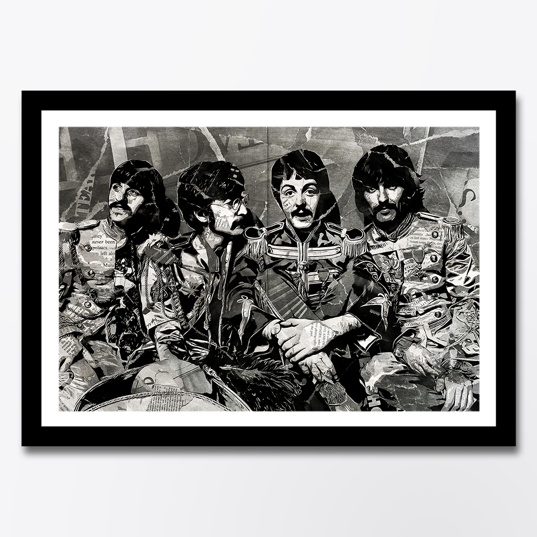 A Beatles poster design - a portrait of The Beatles in full Sgt Pepper's costume created using a collage of torn pieces of magazine pages in black and white.