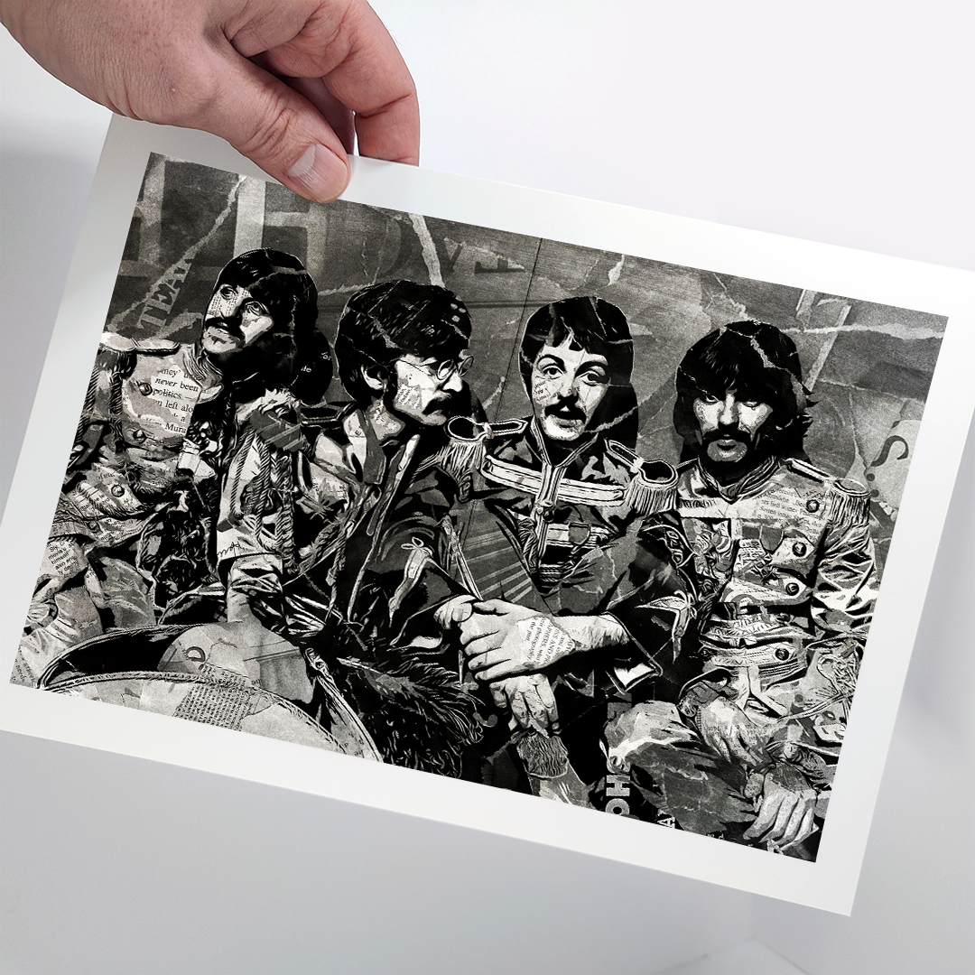 A Beatles poster design - a portrait of The Beatles in full Sgt Pepper's costume created using a collage of torn pieces of magazine pages in black and white.