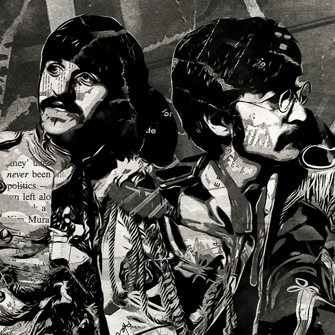 A Beatles poster design - a portrait of The Beatles in full Sgt Pepper's costume created using a collage of torn pieces of magazine pages in black and white.
