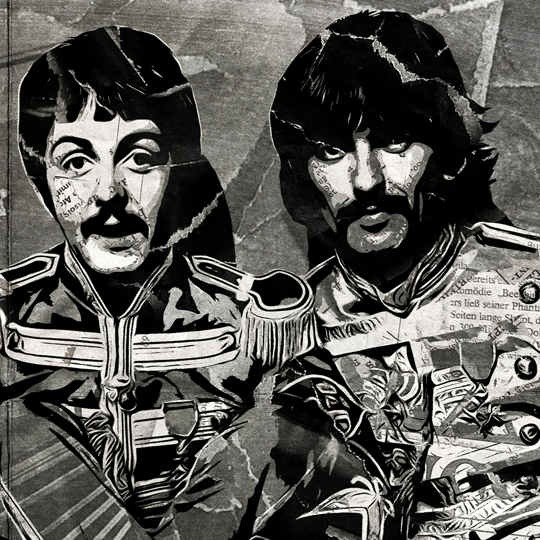 A Beatles poster design - a portrait of The Beatles in full Sgt Pepper's costume created using a collage of torn pieces of magazine pages in black and white.
