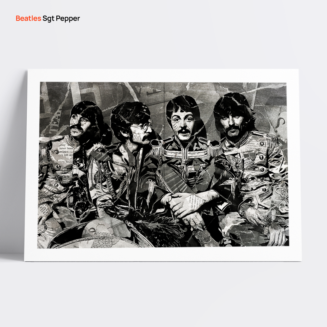 A Beatles poster design - a portrait of The Beatles in full Sgt Pepper's costume created using a collage of torn pieces of magazine pages in black and white.