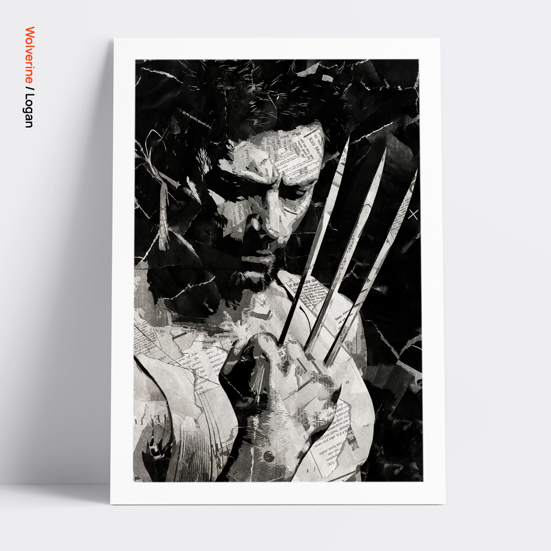 A Wolverine / Logan / Hugh Jackman poster design - a portrait of Wolverine made using a collage of torn pieces of magazine pages in black and white.