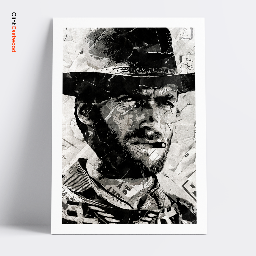 A Clint Eastwood poster design - a portrait of Clint made using a collage of torn pieces of magazine pages in black and white.