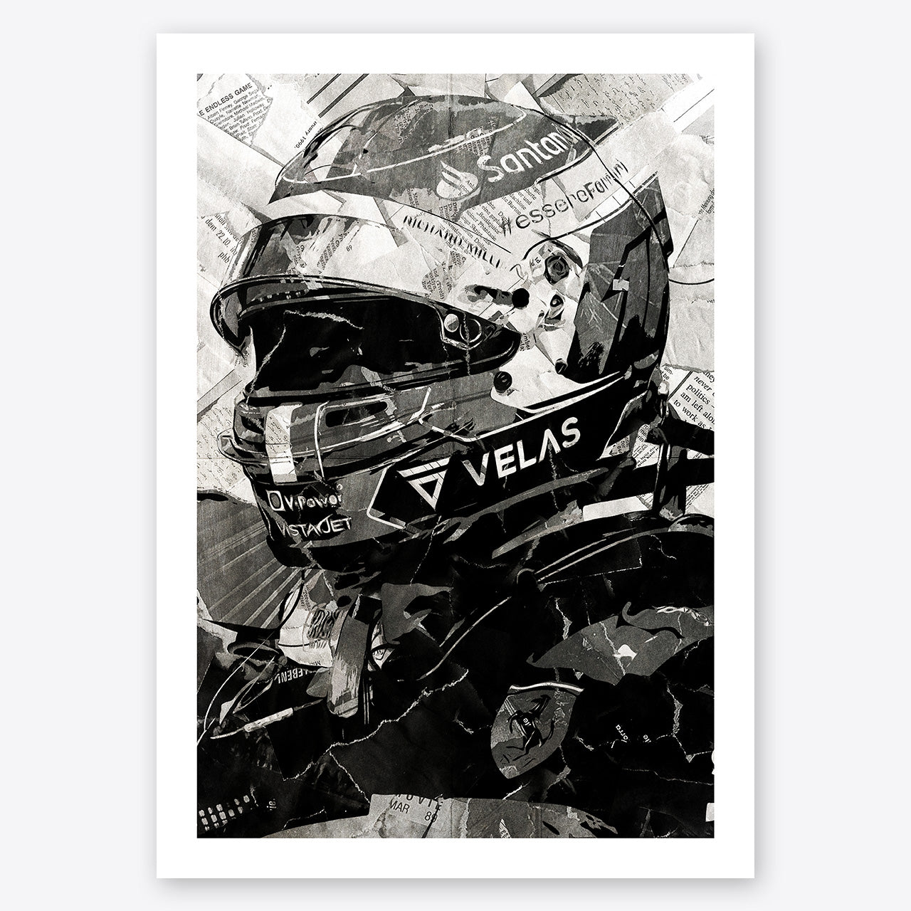 A digital collage portrait of Charles Leclerc created using ripped up magazines and newspaper. An archival standard quality print from The Building House.