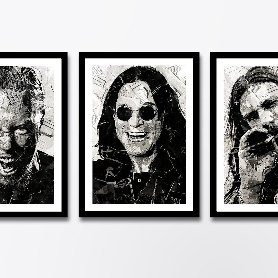 An Ozzy Osbourne poster design - a portrait of Ozzy created using a collage of torn pieces of magazine pages in black and white.