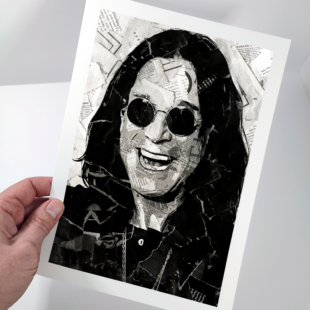 An Ozzy Osbourne poster design - a portrait of Ozzy created using a collage of torn pieces of magazine pages in black and white.