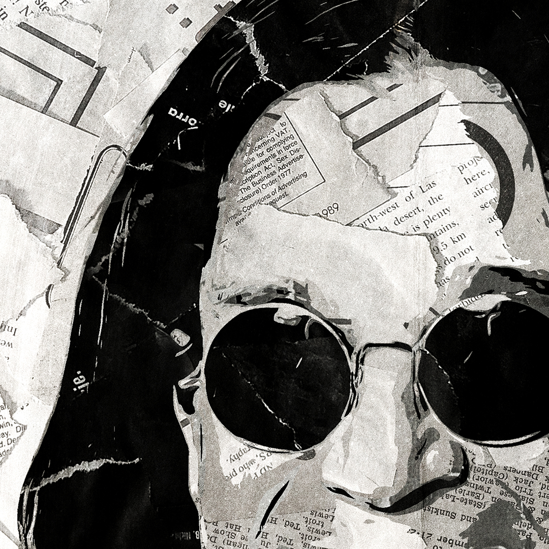 An Ozzy Osbourne poster design - a portrait of Ozzy created using a collage of torn pieces of magazine pages in black and white.