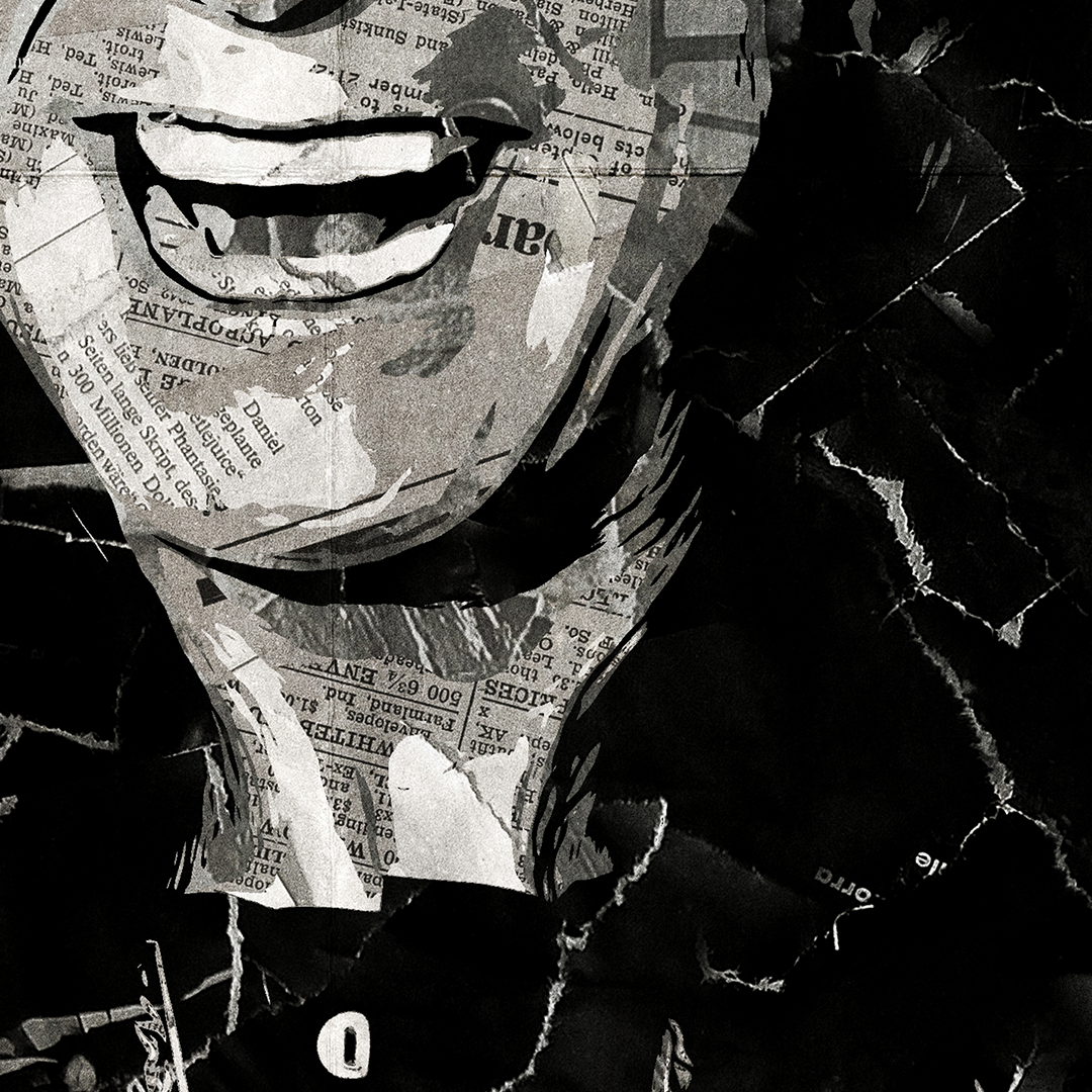 An Ozzy Osbourne poster design - a portrait of Ozzy created using a collage of torn pieces of magazine pages in black and white.