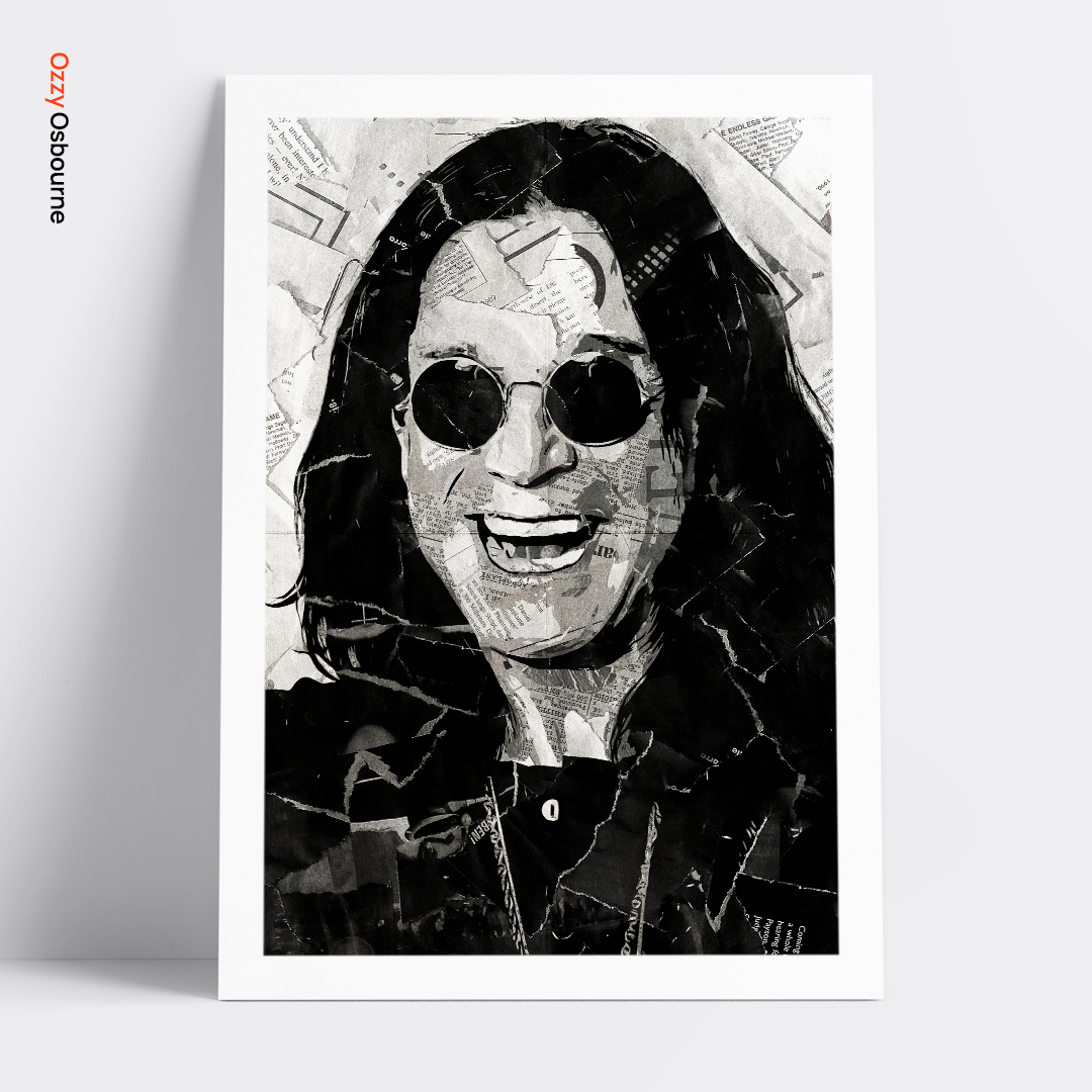 An Ozzy Osbourne poster design - a portrait of Ozzy created using a collage of torn pieces of magazine pages in black and white.