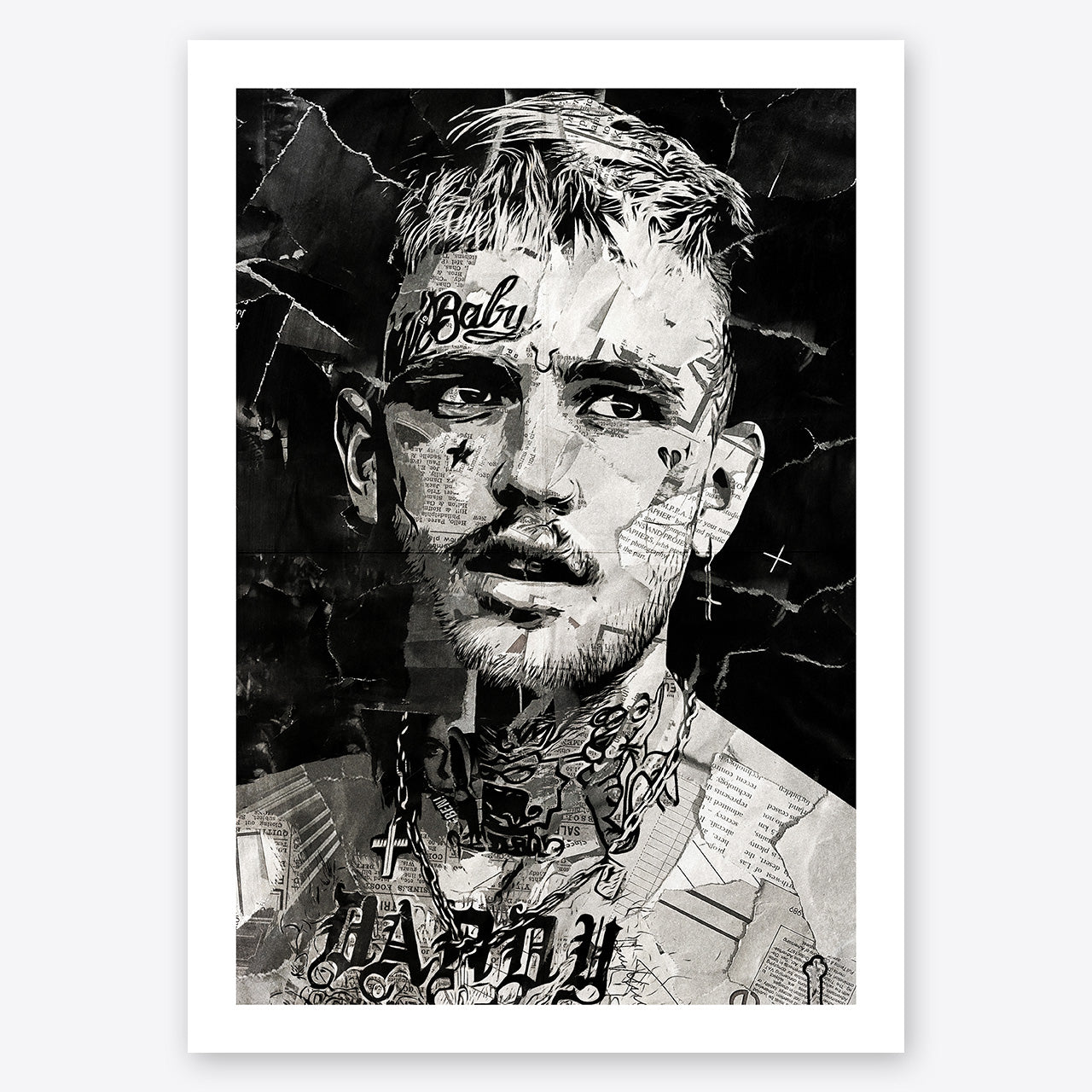 A digital collage portrait of Lil Peep created using ripped up magazines and newspaper. An archival standard quality print from The Building House.