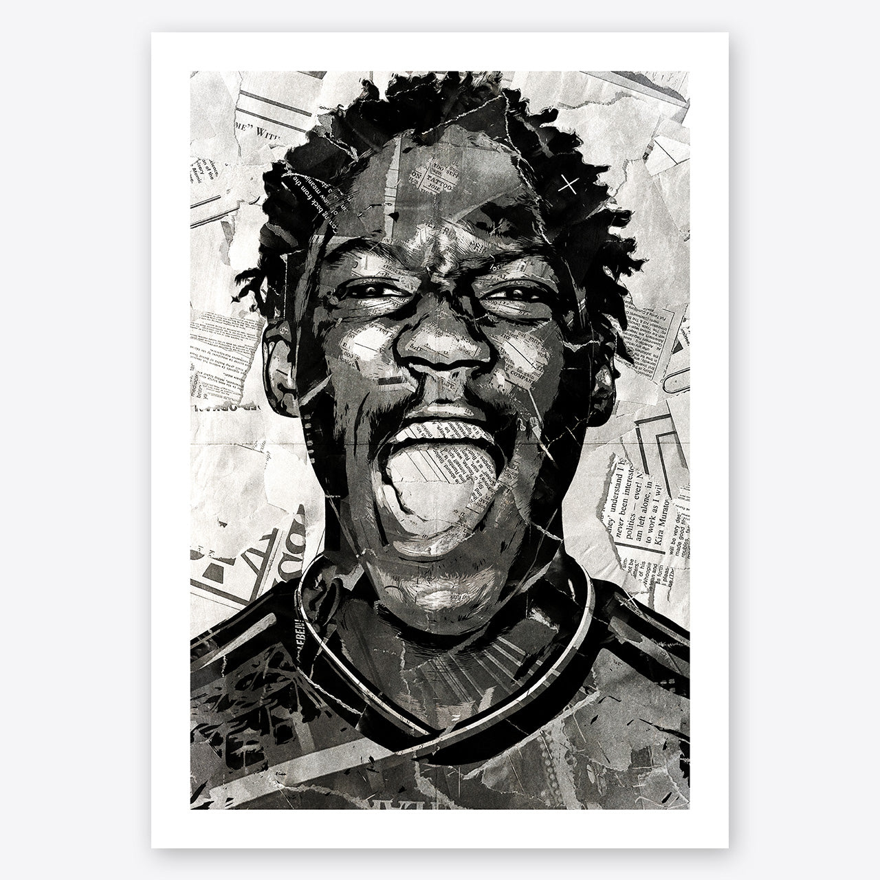 A digital collage portrait of Kobbie Mainoo created using ripped up magazines and newspaper. An archival standard quality print from The Building House.