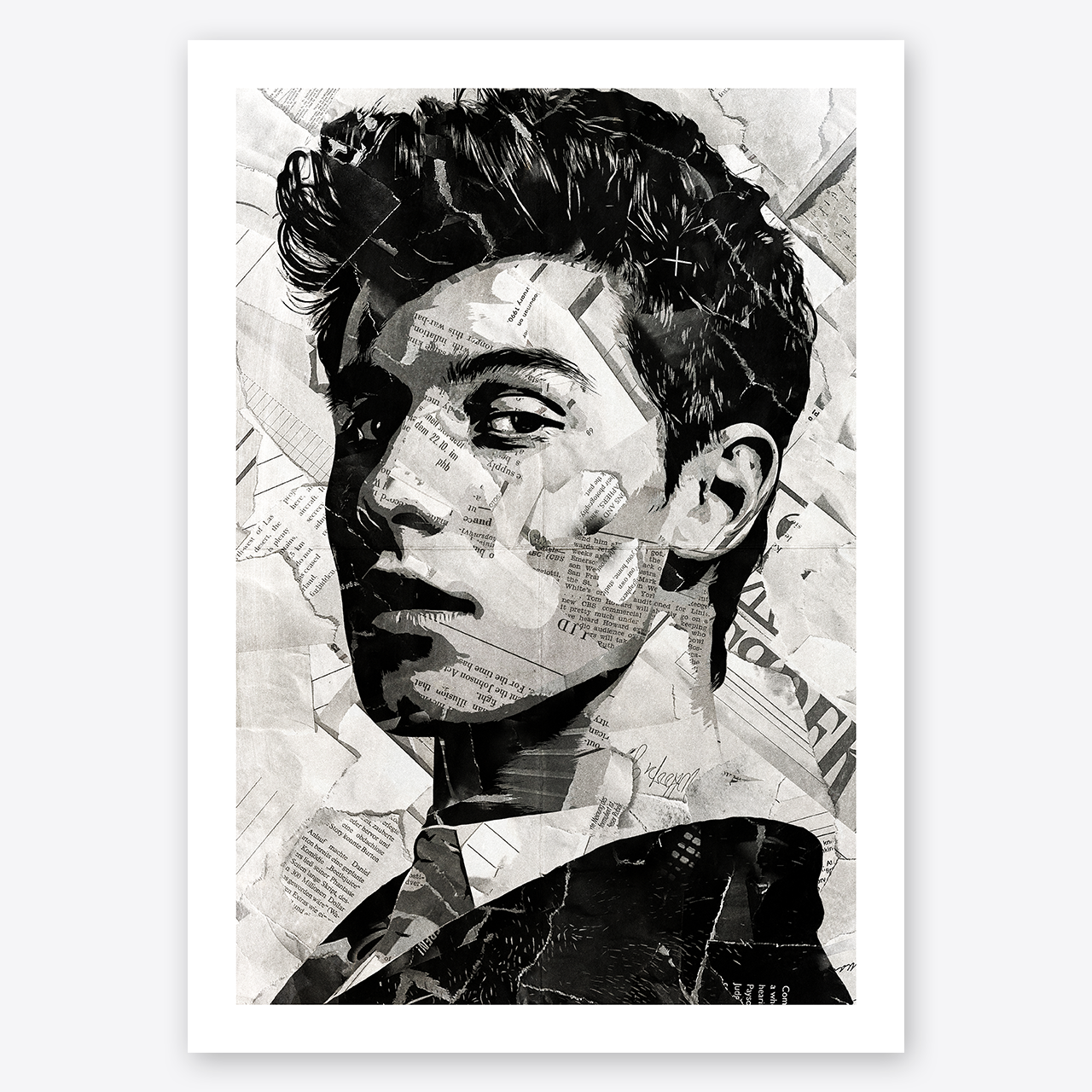 A Shawn Mendes poster design - a portrait of Shawn Mendes created using a collage of torn pieces of magazine pages in black and white.