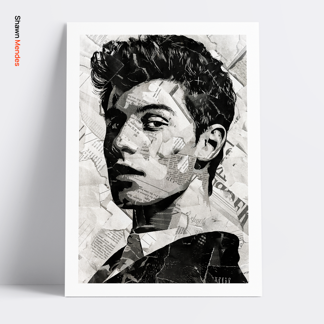 A Shawn Mendes poster design - a portrait of Shawn Mendes created using a collage of torn pieces of magazine pages in black and white.