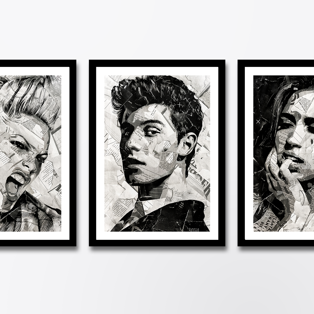 A Shawn Mendes poster design - a portrait of Shawn Mendes created using a collage of torn pieces of magazine pages in black and white.