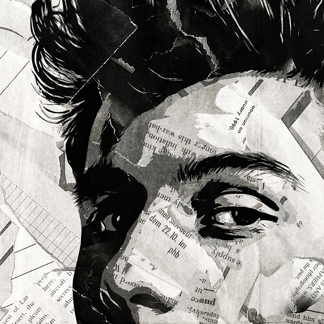 A Shawn Mendes poster design - a portrait of Shawn Mendes created using a collage of torn pieces of magazine pages in black and white.