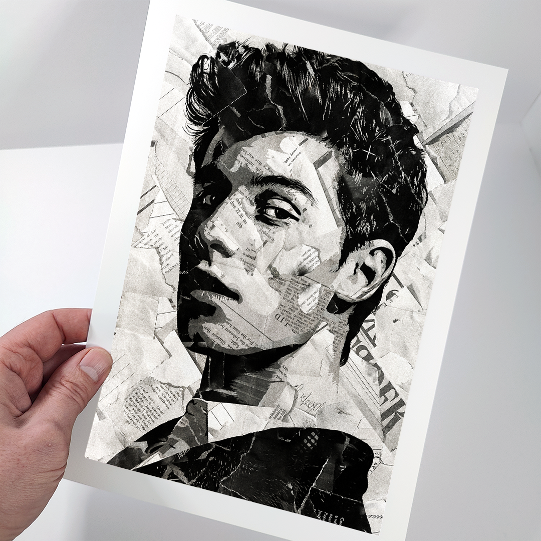 A Shawn Mendes poster design - a portrait of Shawn Mendes created using a collage of torn pieces of magazine pages in black and white.