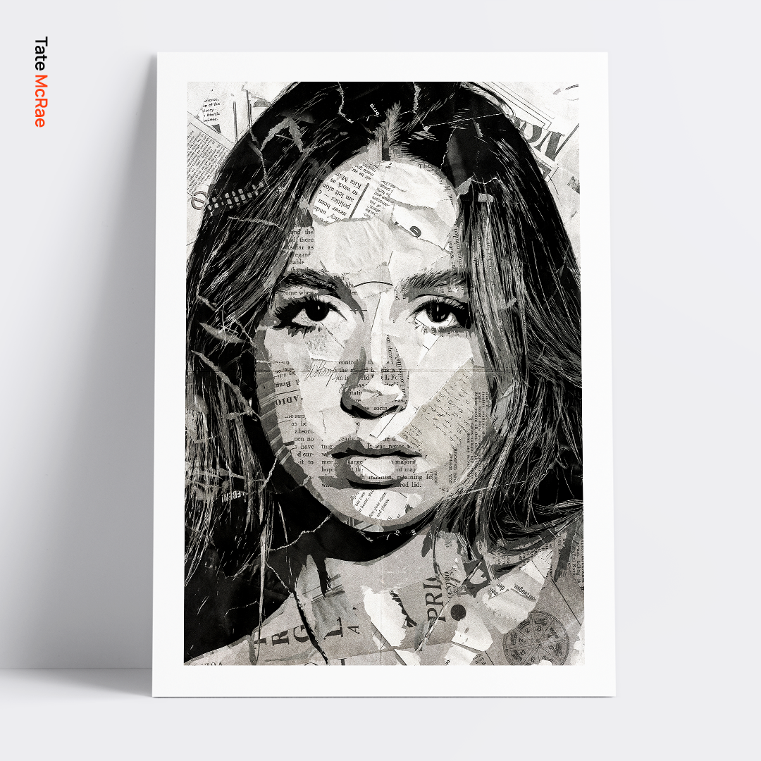 A Tate McRae poster design - a portrait of Tate McRae created using a collage of torn pieces of magazine pages in black and white.