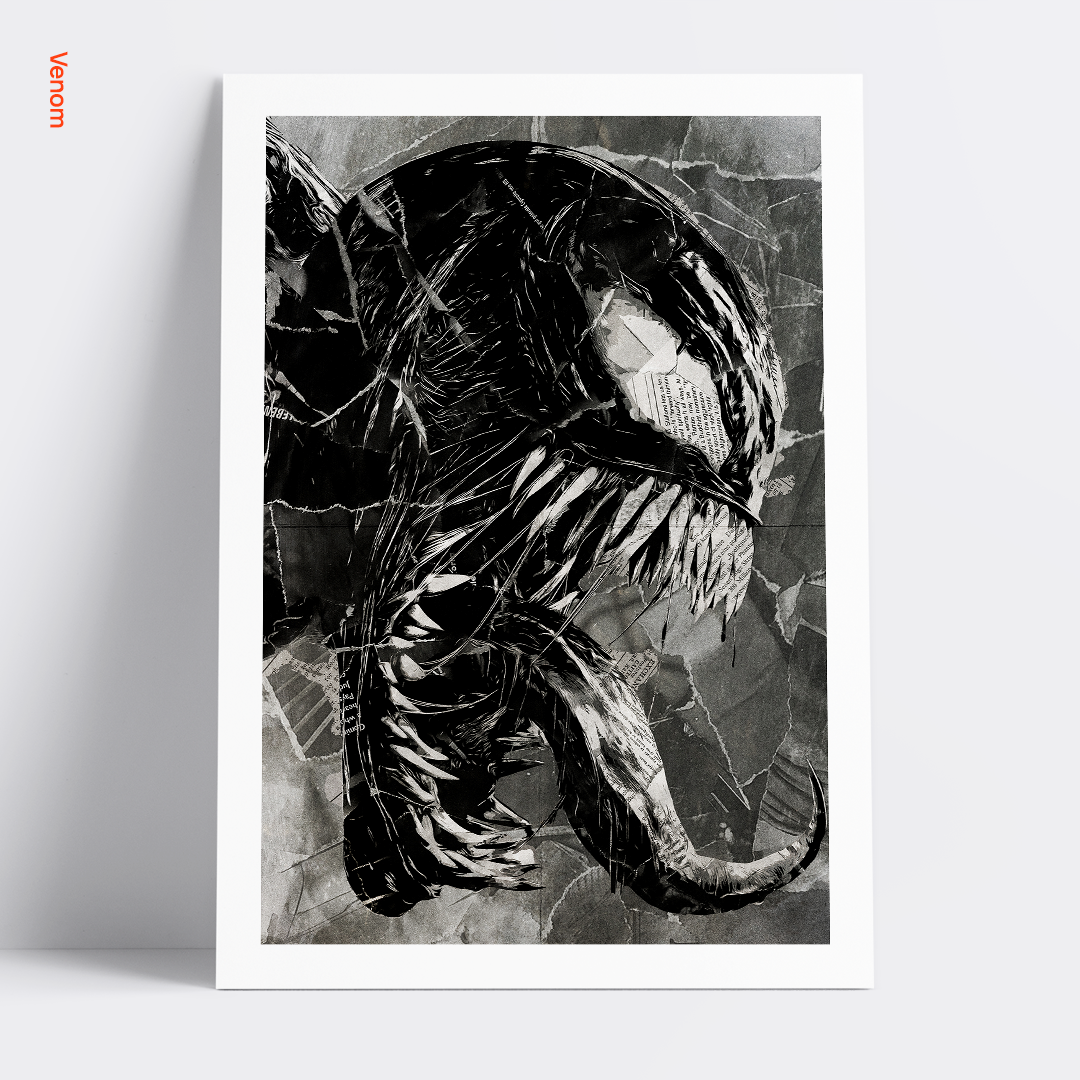 A Venom poster design - a portrait of Venom created using a collage of torn pieces of magazine pages in black and white.