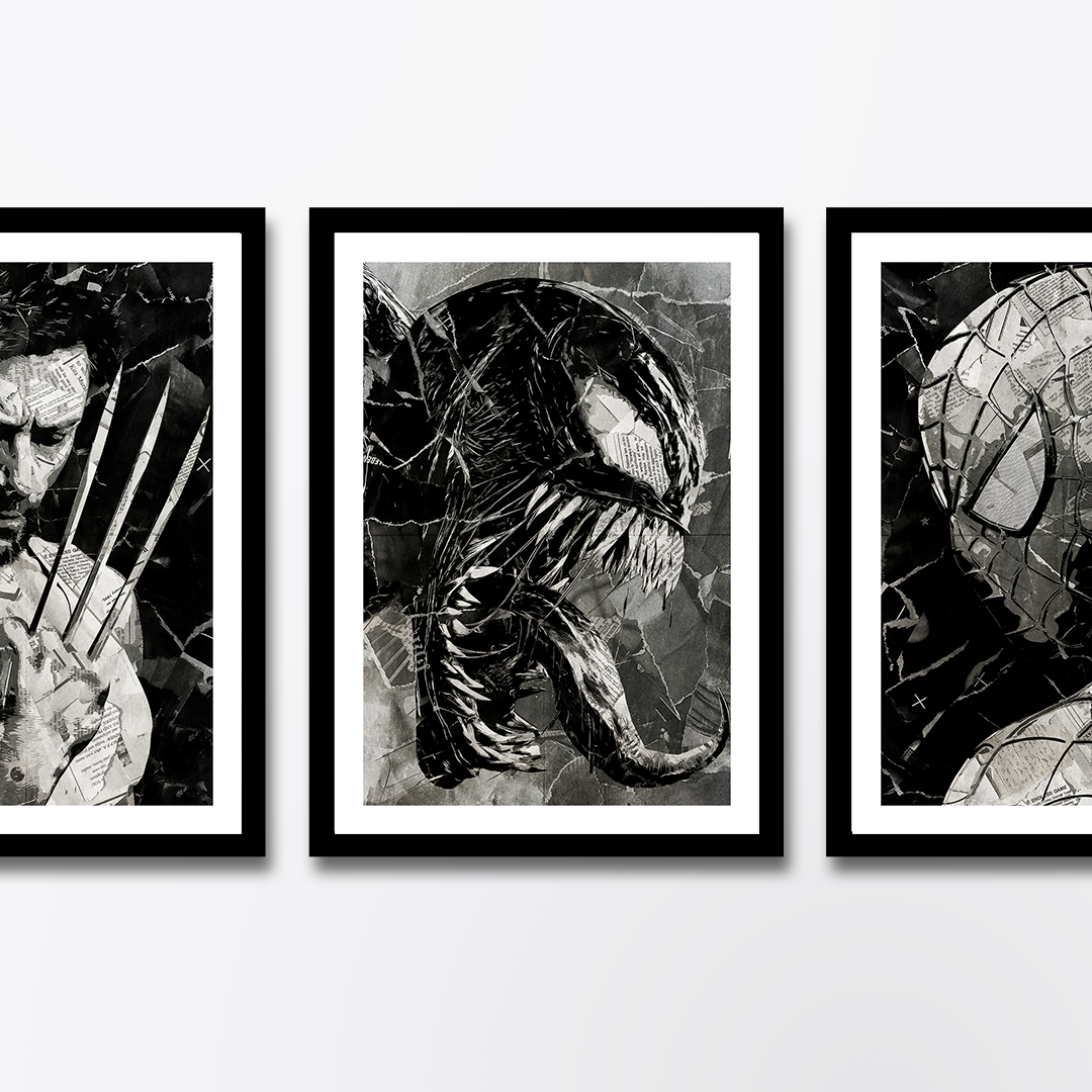 A Venom poster design - a portrait of Venom created using a collage of torn pieces of magazine pages in black and white.
