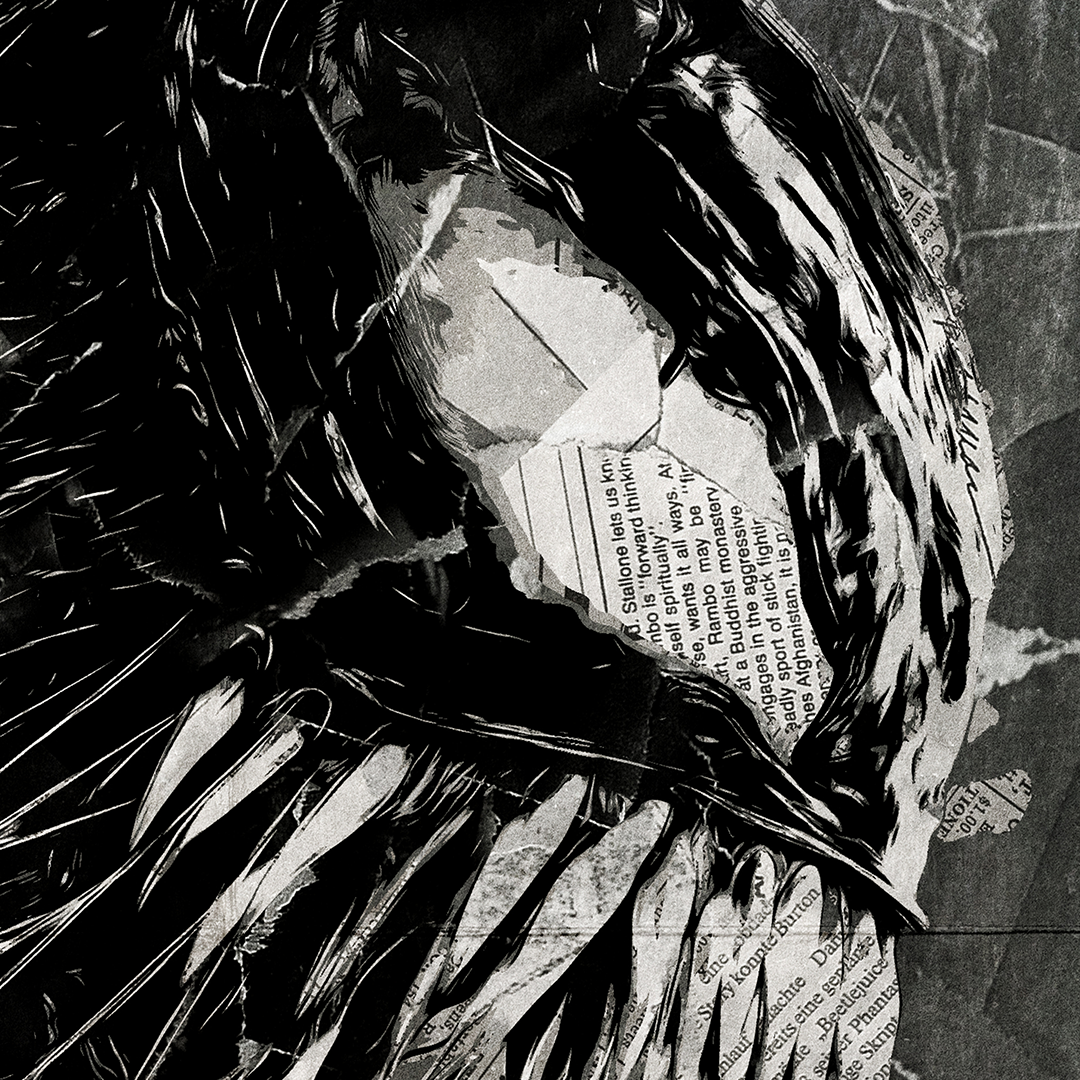 A Venom poster design - a portrait of Venom created using a collage of torn pieces of magazine pages in black and white.