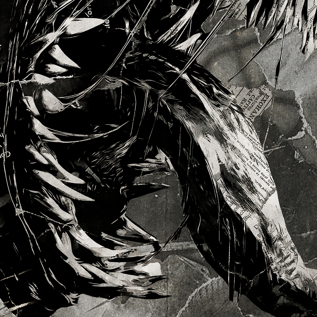 A Venom poster design - a portrait of Venom created using a collage of torn pieces of magazine pages in black and white.