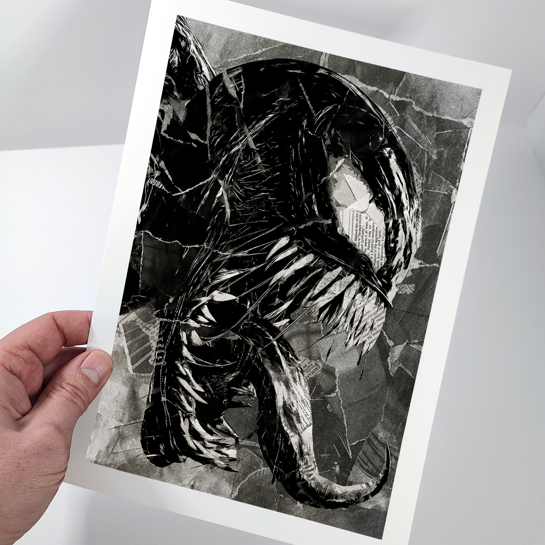 A Venom poster design - a portrait of Venom created using a collage of torn pieces of magazine pages in black and white.