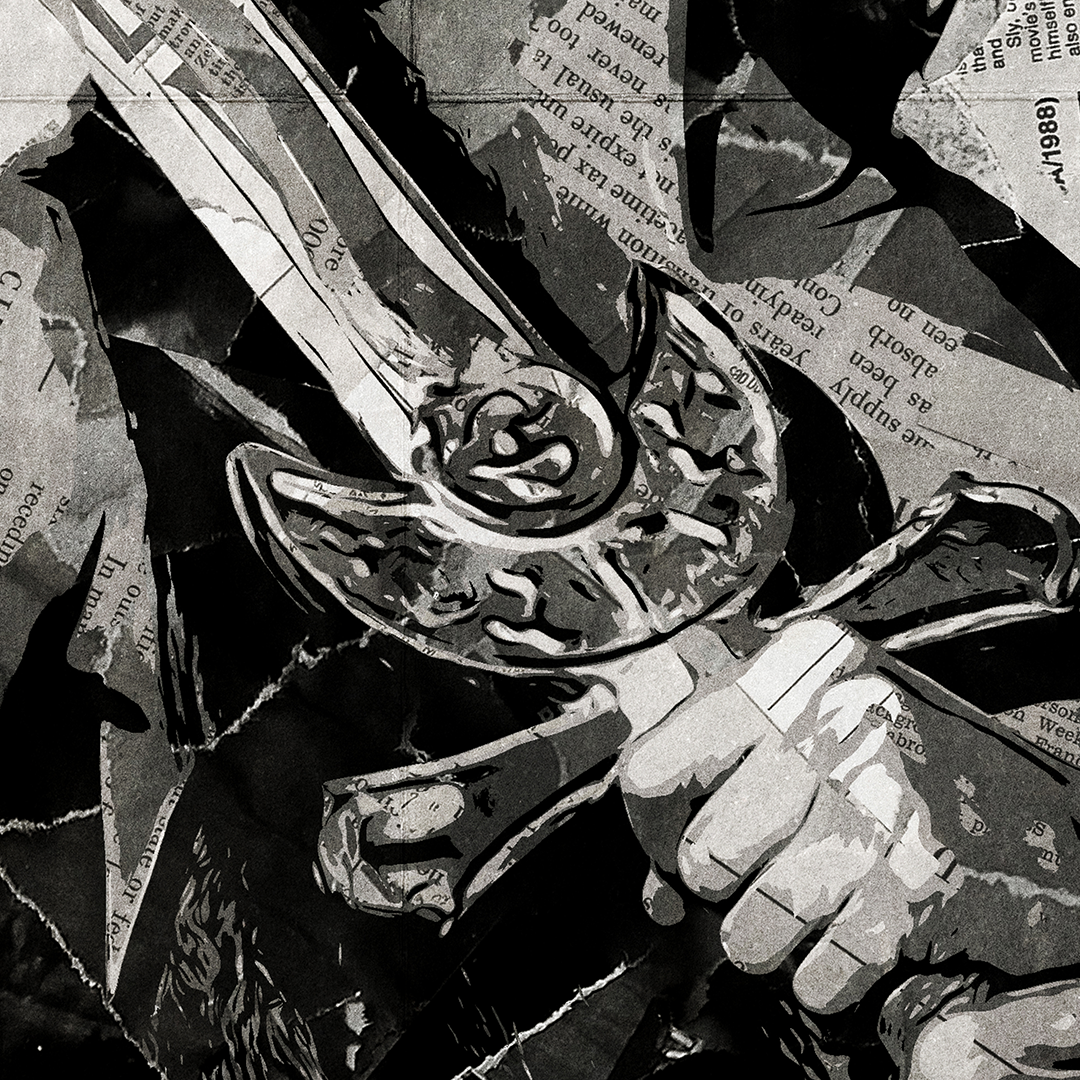 A Red Sonja poster design - a portrait of Red Sonja created using a collage of torn pieces of magazine pages in black and white.