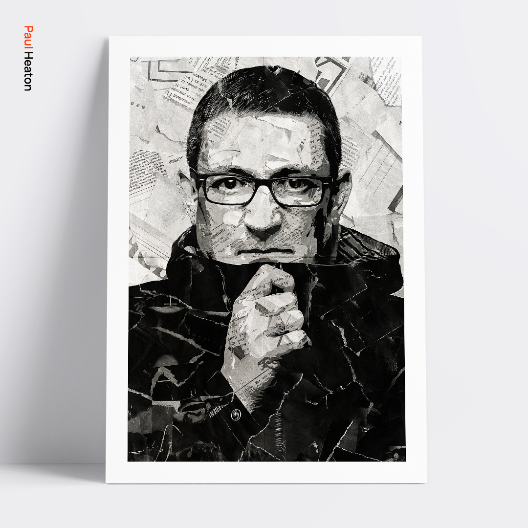 A Paul Heaton poster design - a portrait of Paul Heaton created using a collage of torn pieces of magazine pages in black and white.