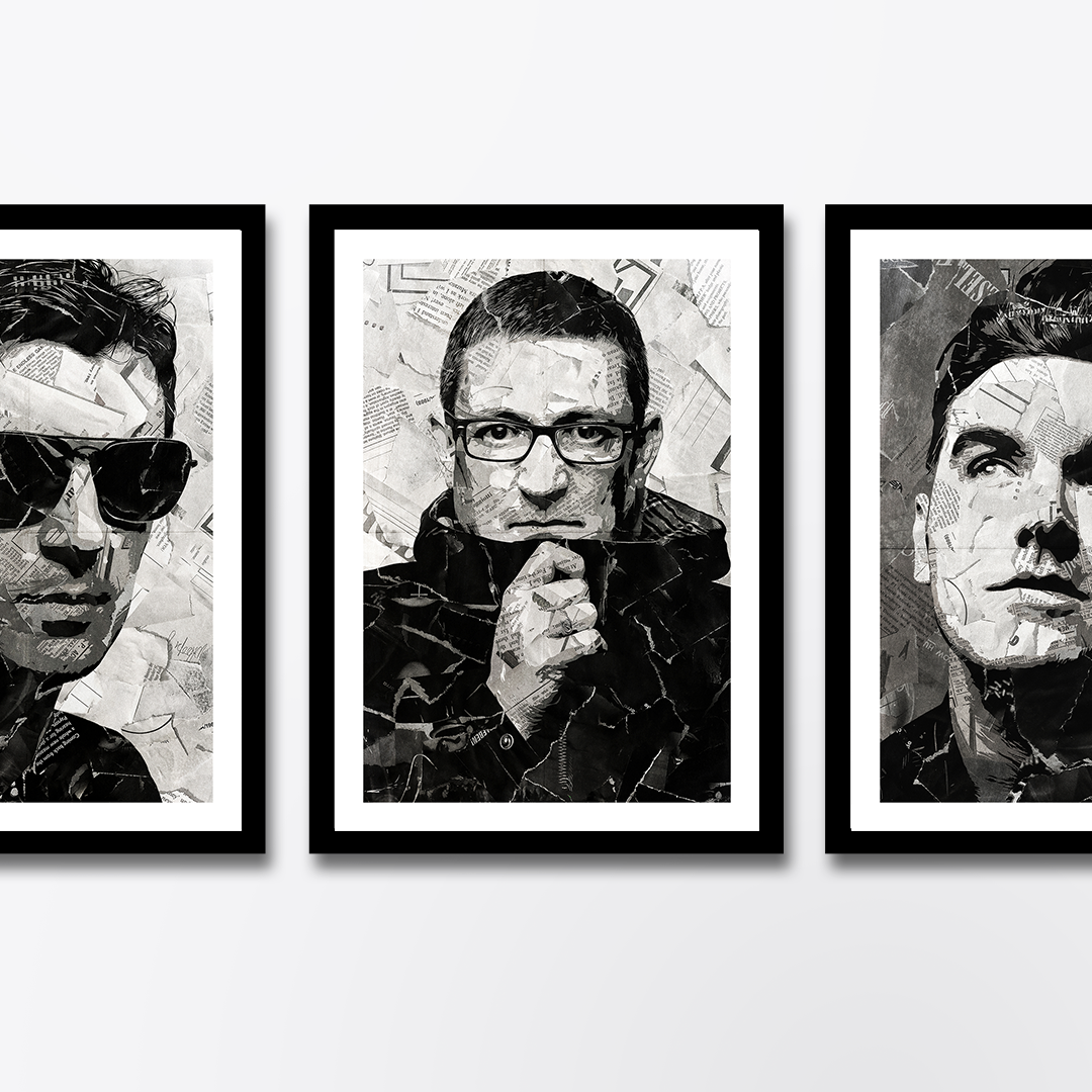 A Paul Heaton poster design - a portrait of Paul Heaton created using a collage of torn pieces of magazine pages in black and white.