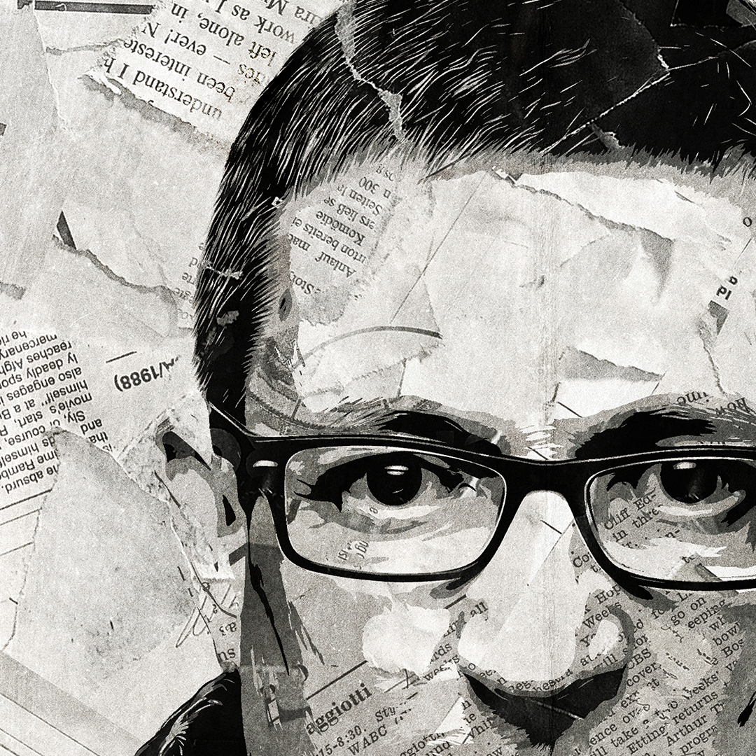 A Paul Heaton poster design - a portrait of Paul Heaton created using a collage of torn pieces of magazine pages in black and white.