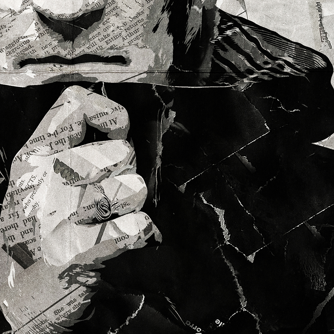 A Paul Heaton poster design - a portrait of Paul Heaton created using a collage of torn pieces of magazine pages in black and white.